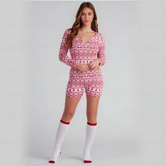 Fair Isle ✦ Red & White Pajama Romper Set ✦ Long Sleeve Henley & Knee‑High Socks - Picture 1 of 7
